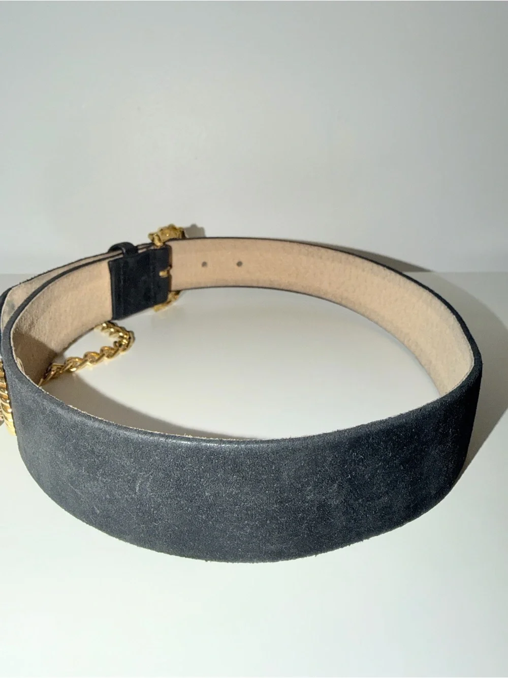Vtg Rodier Black Genuine Leather Suede Belt with Gold Chain Accent, Sz S